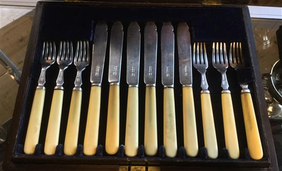 A cased set of silver and ivory fruit eaters